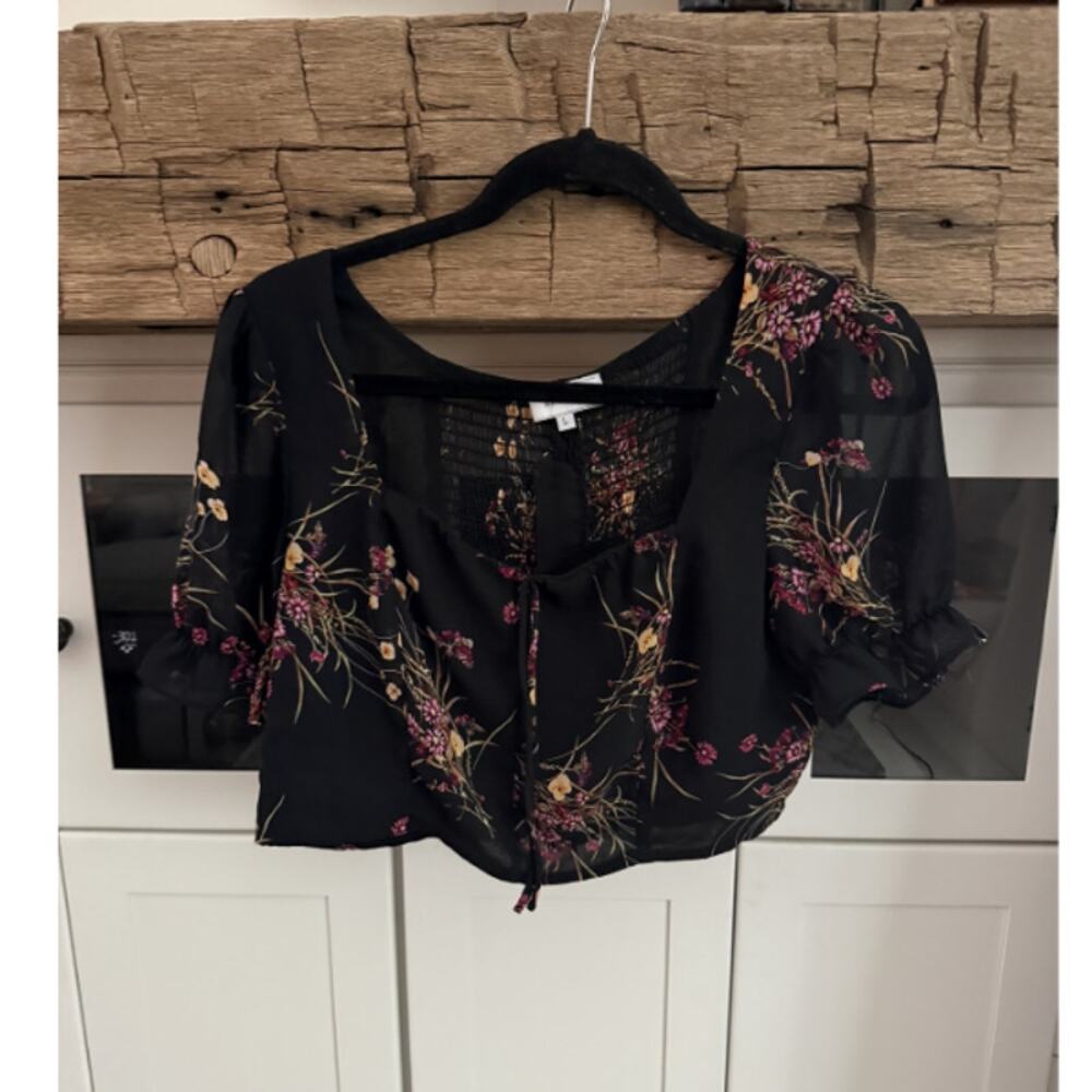 Rihoas Black Floral Smocked Puff Sleeve Crop Top Square Neck Size L